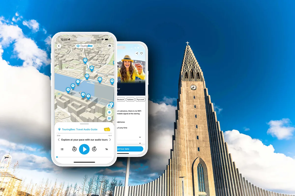 The TouringBee app showing the Reykjavik walking route, held up in front of Hallgrímskirkja